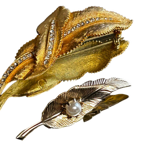 Set of Two Vintage Gold Tone Faux Pearl Feather Leaf Brooch Pin Rhinestone